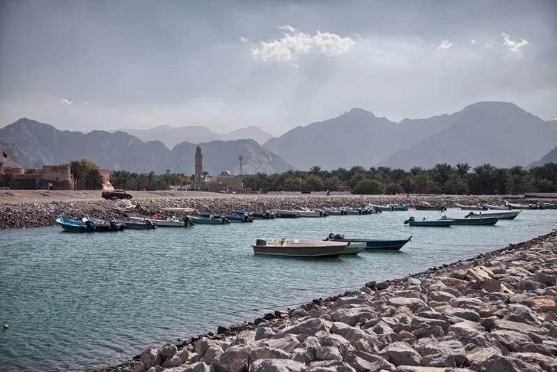 Port tradițional cu bărci de pescuit și munți în fundal – Salalah, Oman